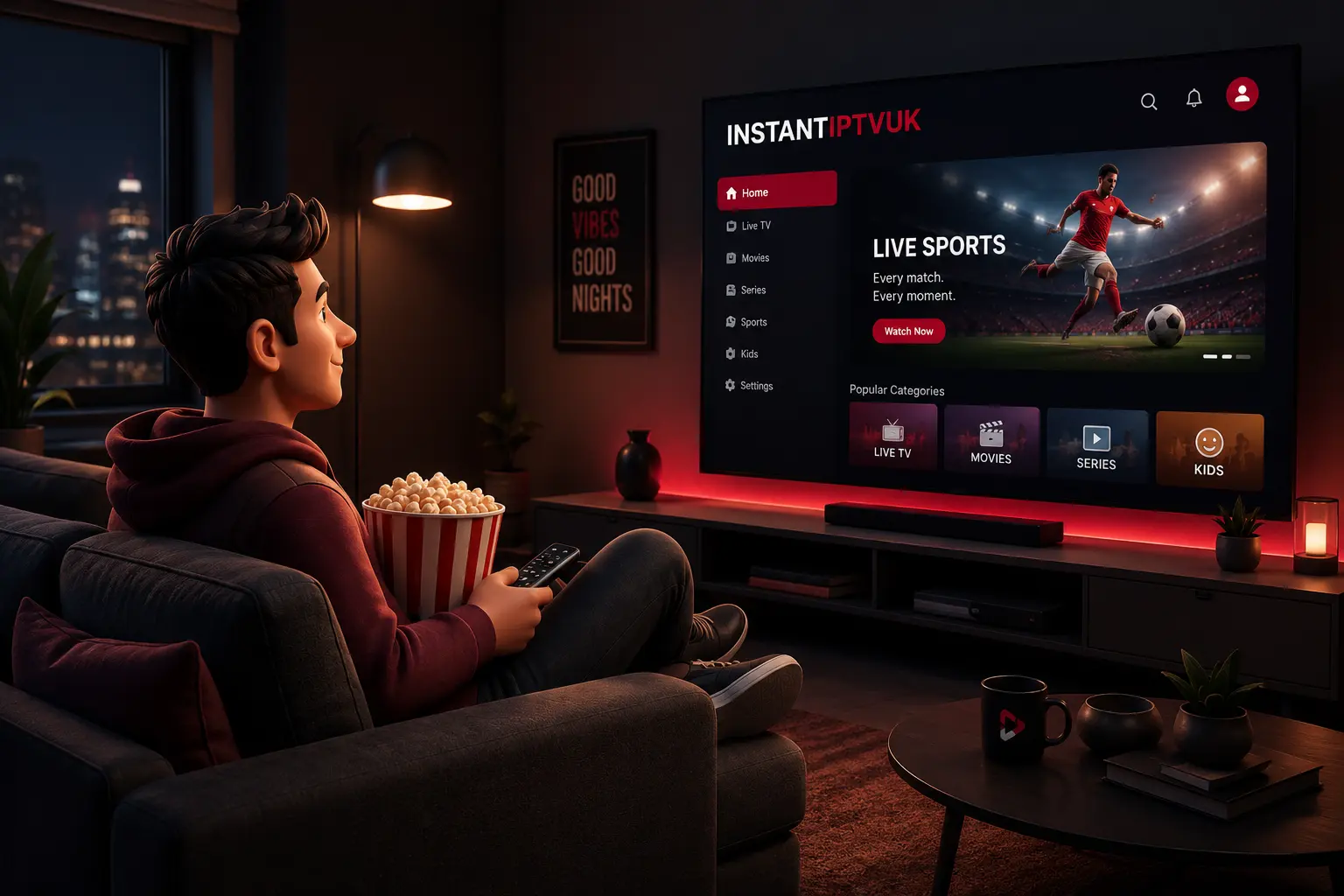 A viewer enjoying live IPTV entertainment at home